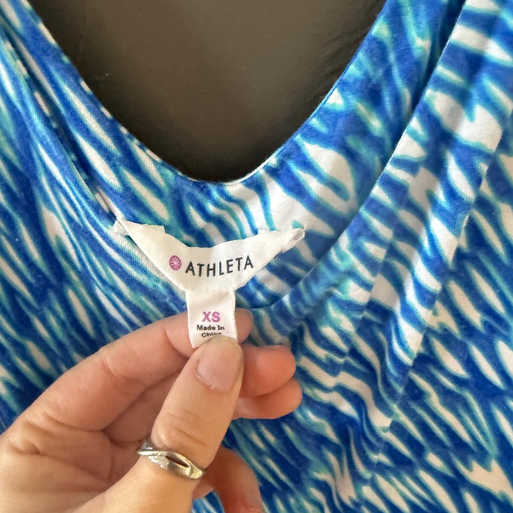 Athleta Blue White Abstract Print Sleeveless Fit Flare Dress XS Outdoor Hiking - Picture 5 of 9